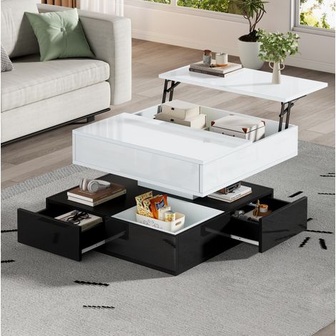Tavolino da caffè 70x70x40 cm bianco e nero in truciolare con piano girevole 360° rialzabile e 3 cassetti (1/5)