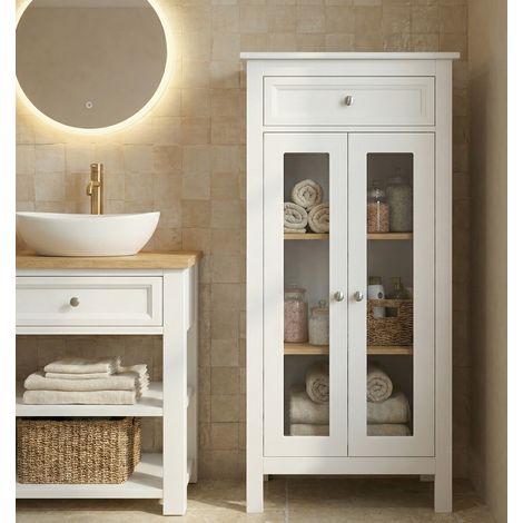 Colonne de salle de bain DUO 60 cm, Armoire de rangement murale laqué Blanc Mat, porte vitrée, tiroir amorti, meuble haut pour salle de bain (1/5)