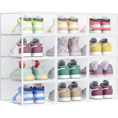 Boîtes à Chaussures, Organisateurs en Plastique, avec Porte, Lot de 12, Empilables, Montage Facile, 33,2 x 23 x 14,5 cm, pour Pointure jusqu'à 43, Transparentes et Blanc Nuage LSP312W01 (1/5)