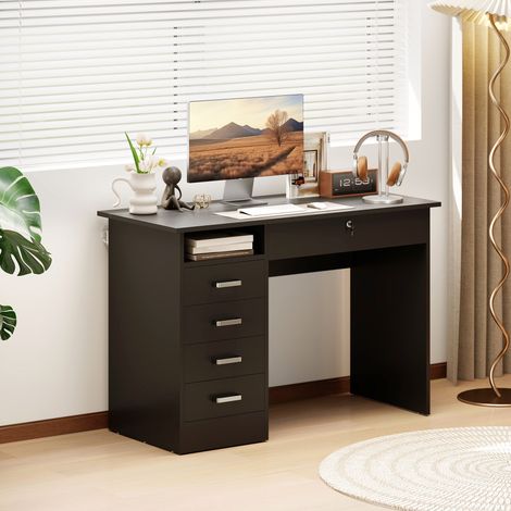 Bureau moderne avec 5 tiroirs, grand plateau, 1 compartiment ouvert, tiroir verrouillable, 110 x 50 x 76cm, noir (1/5)