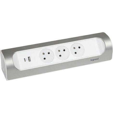 Multiprise d'Angle à Câbler - 3 Prises Surface avec Terre + Prise USB-C + Prise USB-A - Installation Horizontale ou Verticale - Blanc et Alu (1/3)