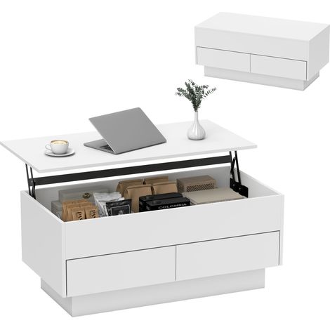 Tavolino da caffè con piano sollevabile, tavolino da soggiorno con vano a scomparsa e 2 cassetti, 100 x 50 x 44 cm, bianco (1/5)