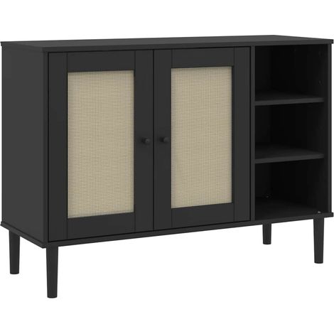 Credenza Madia Buffet SENJA Aspetto Rattan Nero 112x40x80 cm Massello Pino CDS39668 (1/5)