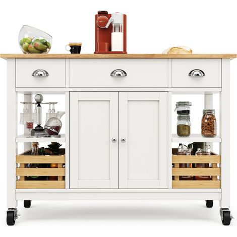Îlot de cuisine moderne 120×45×90 cm, meuble de cuisine et buffet, desserte de salle à manger effet bois, table à manger multifonction avec panier de rangement en pin, blanc