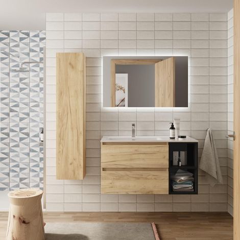 Meuble de salle de bain BEQUIA Plus 100cm Chêne/Noir Vasque Porcelaine Robinet à gauche (1/5)