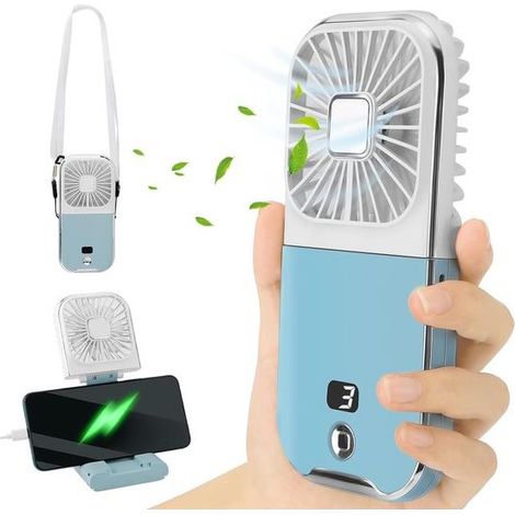 Mini ventilatore portatile ricaricabile da 3000 mAh di batteria, ventilatore palmare con cambio a 4 marce, per la casa e attività all'aperto, blu (1/5)
