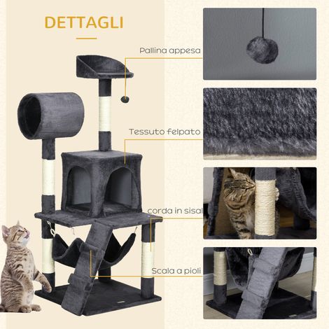 Arbre à chat avec griffoir, niche, hamac, coussin, tunnel et balle, 48 x 48 x 125 cm, gris foncé (1/5)