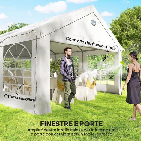 Tente de réception 4x6 mètres avec fenêtres latérales et 4 côtés amovibles, structure acier et PE, blanche (1/5)