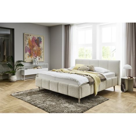 Meise Möbel Stauraumbett Alva 180x200 cm Bettkasten & Lattenrost Bouclé-Stoff Cream Holzfuß sandfarbig (1/5)