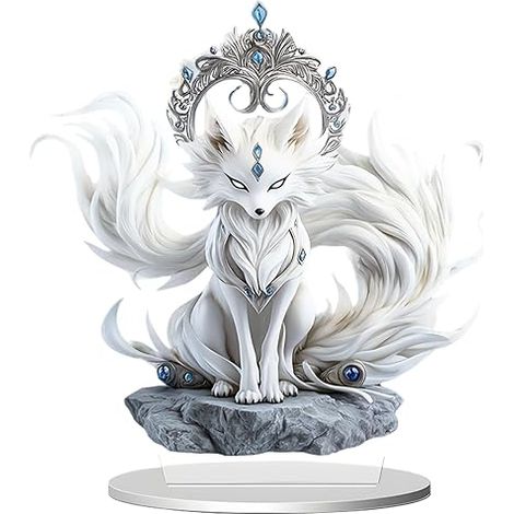 Figurine en acrylique de renard blanc à neuf queues pour bureau, appartement ou maison, 2D, décoration de table d'entrée, objet décoratif plat, médiévale