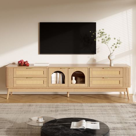 Meuble TV LED connecté180x40x50cm Meuble TV avec portes en verre trempé cintré ,4 tiroirs,panneaux de particules,effet bois naturel (1/5)