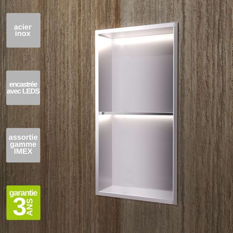 Niche de Douche Mural Éclairage Led 33 x 63 cm - Rangement Salle de Bain en finition Niquel Brossé - MARSHALL