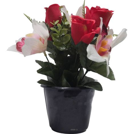 Pot de Rose, Lys et Orchidée artificiels pour la Toussaint Rouge - couleur: Rouge