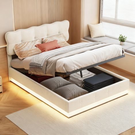 Letto contenitore 140 x 200 cm, letto per adulti, letto imbottito con illuminazione a LED, tessuto in velluto, struttura letto con leva idraulica, beige (1/5)