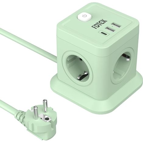 7-en-1 Cube Multiprise, 4 Prises 2500W/10A, 2 USB-A et 1 USB-C  Bloc Multiprise Design avec Interrupteur Rallonge 1,8M Powercube Parafoudre pour PC Smartphone Tablette Cuisine, Bureau, Vert (1/5)