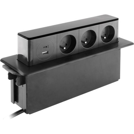 Otio – Bloc multiprise encastrable 3x16A 2P+T avec 2 ports USB – Technologie Quick Charge – Finition inox noir brossé – Installation facile