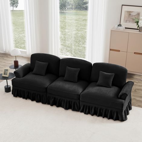 Sofá de chenilla de tres plazas con reposabrazos en forma de embudo dobladillo plisado extraíble y patas finas color negro (1/5)
