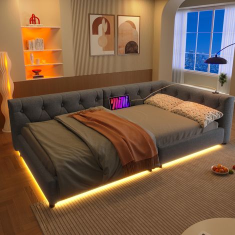 Divano letto in lino grigio 90x200 cm con rete a doghe, LED 7 colori, USB e Type-C (1/5)