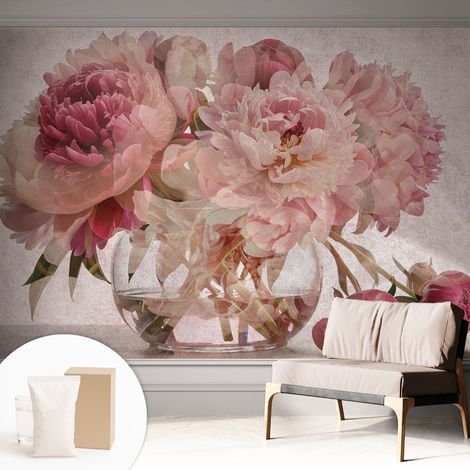 Papier peint intissé mural avec imprimé pour décoration pour salon pour chambre à coucher pour entrée Le charme des pivoines 312x219 cm (1/5)