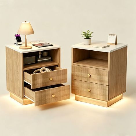 Mesita de Noche Juego de 2 con LED RGB y Toma USB - con Iluminación Ambiental - Estilo Escandinavo (1/5)
