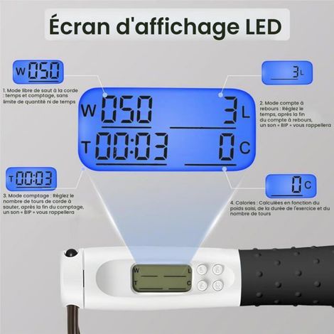Corde à Sauter Sport avec Compteur de Calories Jump Rope sans Fil Numérique Réglable pour Fitness Perte de Graisse Gym Blanc et Noir (1/5)