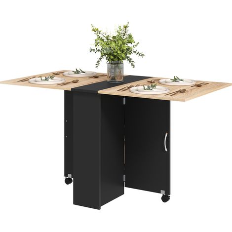 Console pliante pour 4 à 6 personnes avec roulettes et étagères, 140 x 75 x 74 cm, chêne et noir