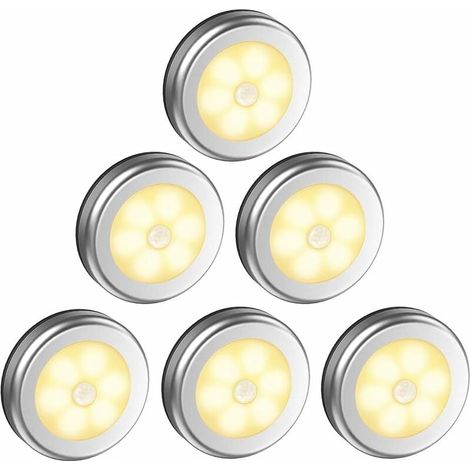 royaluxe -Lampe de Placard/Armoire LED,6pcs Lampes Armoire Veilleuse,Eclairage LED Détecteur de Mouvement avec Base Magnétique,pour Escalier Cuisine Vitrines Cabinet (Alimenté par Batterie) Argent Lu (1/5)