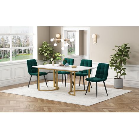 Set de salle à manger 5 pièces : table cuisine moderne 140x80cm + 4 chaises velours vert foncé, plateau MDF blanc, pieds métal doré