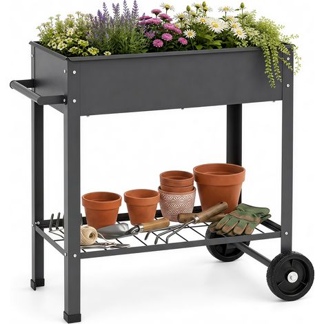 Jardinière Surélevée en Métal avec 2 Roulettes, Poignée, Bac à Fleurs sur Pied avec Étagère en Grille, Trou de Drainage, Balcon, 88 x 37 x 80 cm, Gris (1/5)