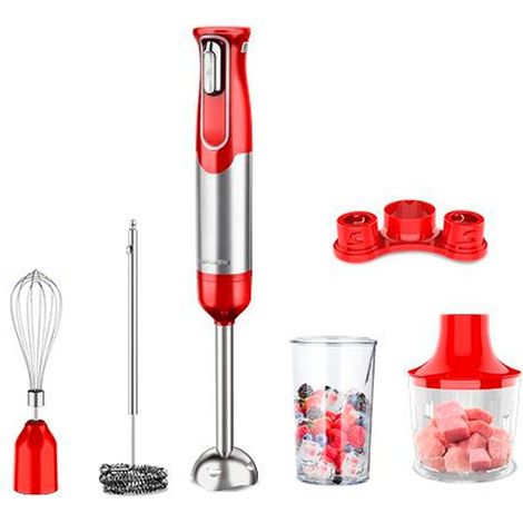 Frullatore a immersione senza fili da 100 W + accessori 5 in 1 - Rosso, 2 velocità, lame in acciaio inossidabile