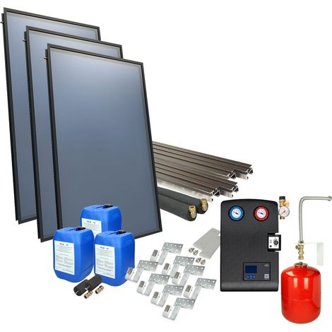 Le Sanitaire – Set solaire OEG 4plus sur toit – 3 capteurs 2,53 m² avec conductibilité thermique – Régulation différentielle OEG – Station solaire PWM