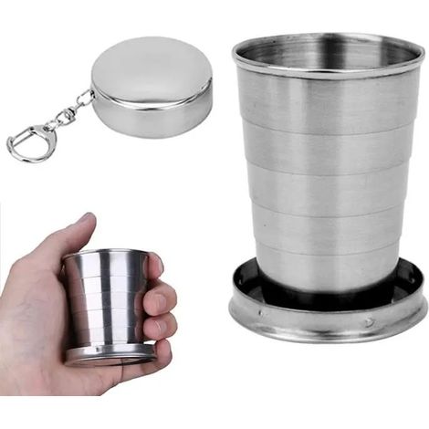 Tasse Se Pliante 75ML,PROCHOSEN Tasse Télescopique d'acier Inoxydable de Porte-clés Prime Empilable Potable en plein air,Argent (1/4)