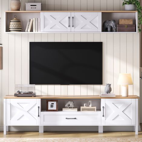 Komplettes TV-Wandset 180×40×50 cm in Weiß, TV-Lowboard und hängende Wandvitrine, 4 Türen, 1 Schublade, bis 80 Zoll LINHOO