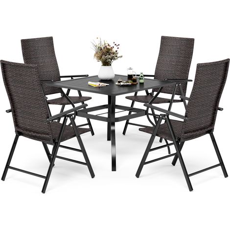 PHIVILLA Patio Table and Chairs Set, 4 Wicker Rattan Folding Rattan Chairs, 94 CM Square Metal Steel Slat Table with 4cm Umbrella Hole for Garden, Poolside, Backyard, Porch, Backyard (1/5)