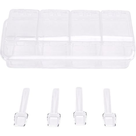 Boîte à condiments transparente (4 pièces) avec cuillères, idéale pour ranger sel, sucre et autres ingrédients. Dimensions : 22 x 8 x 7,5 cm. (1/5)