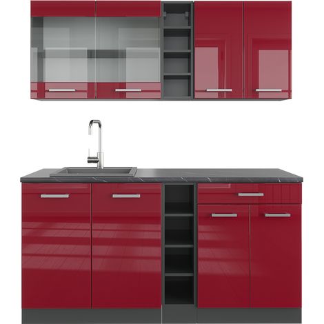 Singleküche R-Line, Bordeaux Hochglanz/Anthrazit, 160 cm , AP Anthrazit, Vicco