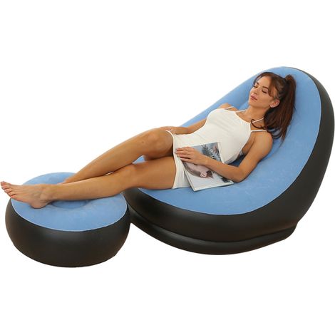 Fauteuil gonflable pliable en PVC floqué confortable avec repose-pieds, idéal pour le camping et les voyages en plein air (bleu clair). (1/4)