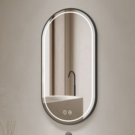 Specchio smart ovale anti-appannamento YJ-2004BL 90x60 con cornice nera in acciaio Inox satinato (1/5)