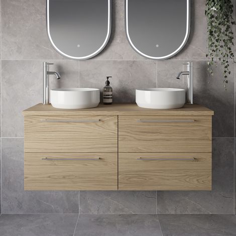 Napoli 460 Light Oak 1200mm Wall Mounted 4 Drawer Vanity Unit for Countertop Basins - 1200mm - Chrome 320mm Handle