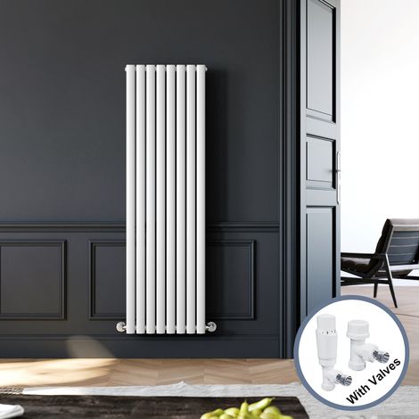 ELEGANT 1600 x 480 mm Designer White Vertical Column Rads Modern Single Oval Panel Designer Radiator + White Thermostatic Radiator Valves (1/5)