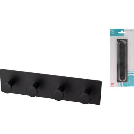 Toallero de baño de pared FARO BLACK de acero, 4 ganchos, autoadhesivo, negro, acero con recubrimiento en polvo, montaje en la pared con cinta 3M (1/3)