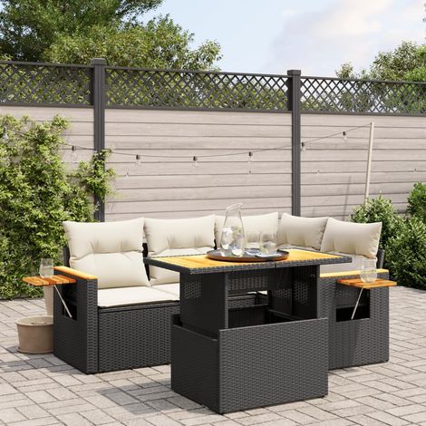 Ensemble Salon Jardin 5 Places Noir Résine Tressée avec Coussins Crème - Table Réglable et Accoudoirs Acacia (1/3)