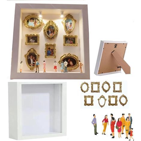 Shadow Box Frame Kit with Mini Figures Golden Frames,Mini DIY Museum Silhouette Box,Creative Photo Memory Showcase,Home Decoration Miniature Gift (1/5)