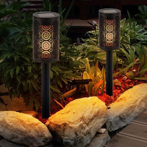 Solarfackel Außenleuchte Terrassenlampe, Steckleuchte mit Dekorstanzungen, integrierter Akku, Feuereffekt, schwarz, 1x LED, DxH 6,6x30 cm, 2er Set