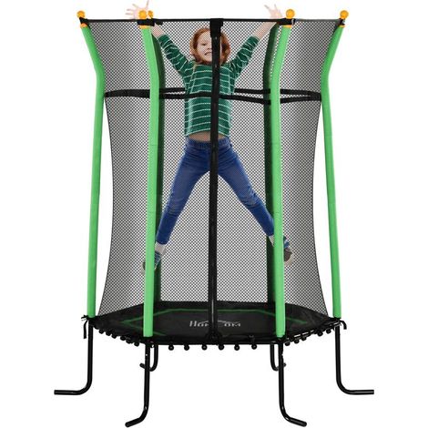 Trampoline pour enfant vert avec filet de sécurité, dimensions 163,5x190 cm, dès 3 ans, parc de jeu sécurisé maison