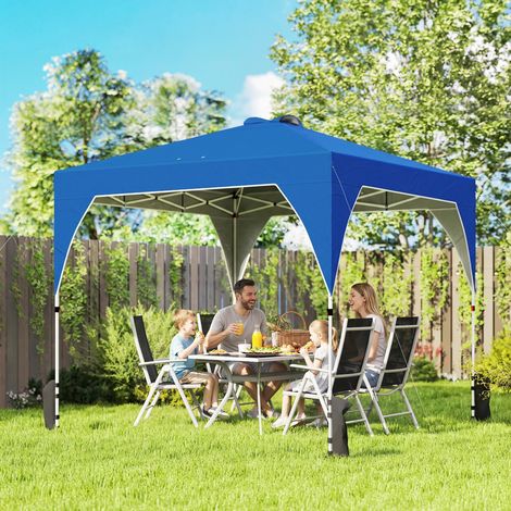 Tente pliante pop-up 3x3 m avec verrouillage central, hauteur réglable, sac de transport avec roues et sacs de sable bleu
