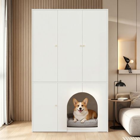 Armoire de Chambre Blanche 3 Portes Dressing avec Tringle et Étagères Grand Rangement Design Arche Niche pour Chien et Chat Intégrée 120x50x200 cm (1/5)