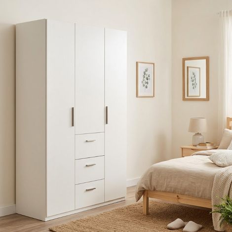 Dmora Guardarropa Providence, Armario de dormitorio con 3 puertas batientes, Mueble con barra perchero y 3 baldas, cm 117x52h203, Blanco, con embalaje reforzado (1/5)