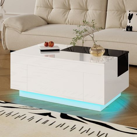 Tavolino 80x50x35,5 cm nero e bianco, con LED e contenitore, MDF lucido MEUBLIV (1/5)