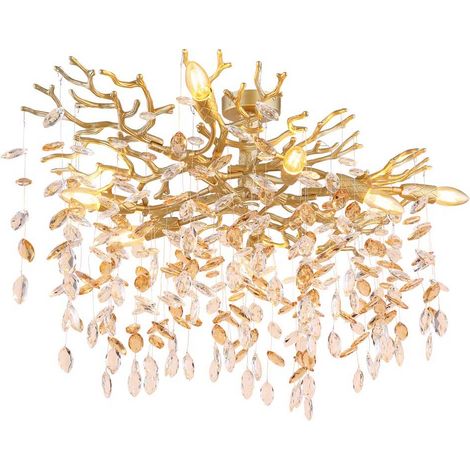 Plafonnier, lampe de plafond, applique murale, doré, cristaux de verre, ambre, L 85 cm (1/5)